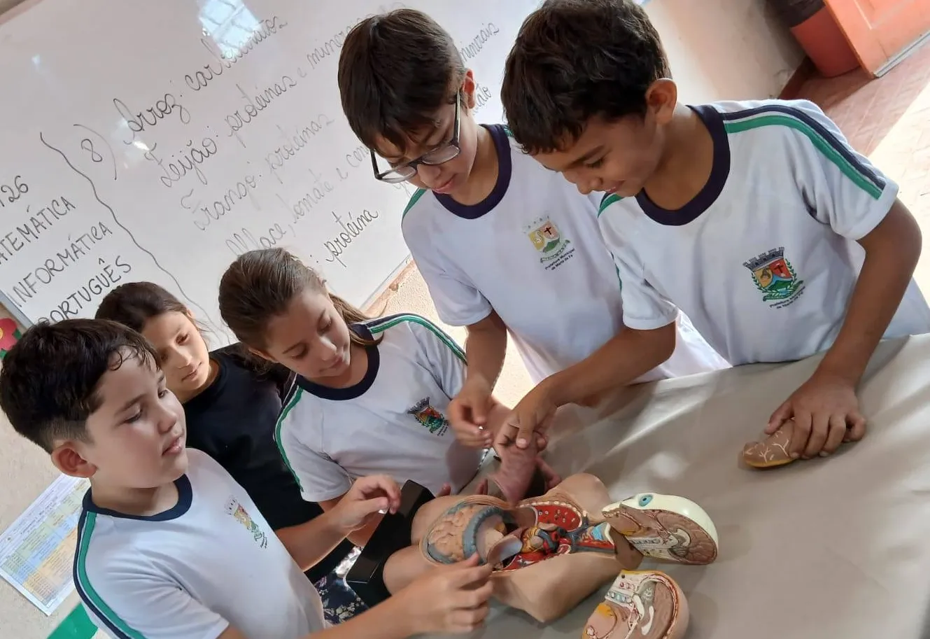Alunos do 5º e 6º ano participam de atividade prática sobre o corpo humano.
