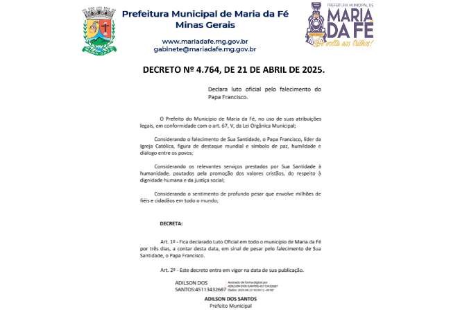 LUTO OFICIAL POR 3 (TRÊS) DIAS - DECRETO N°4.764 DE 21 DE ABRIL DE 2025